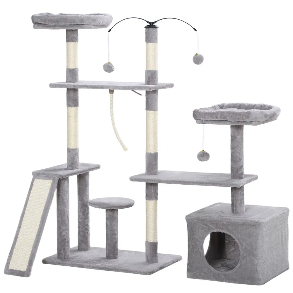 Cat Tree with Scratching Posts and Cozy Beds for Indoor Cats – Light Grey