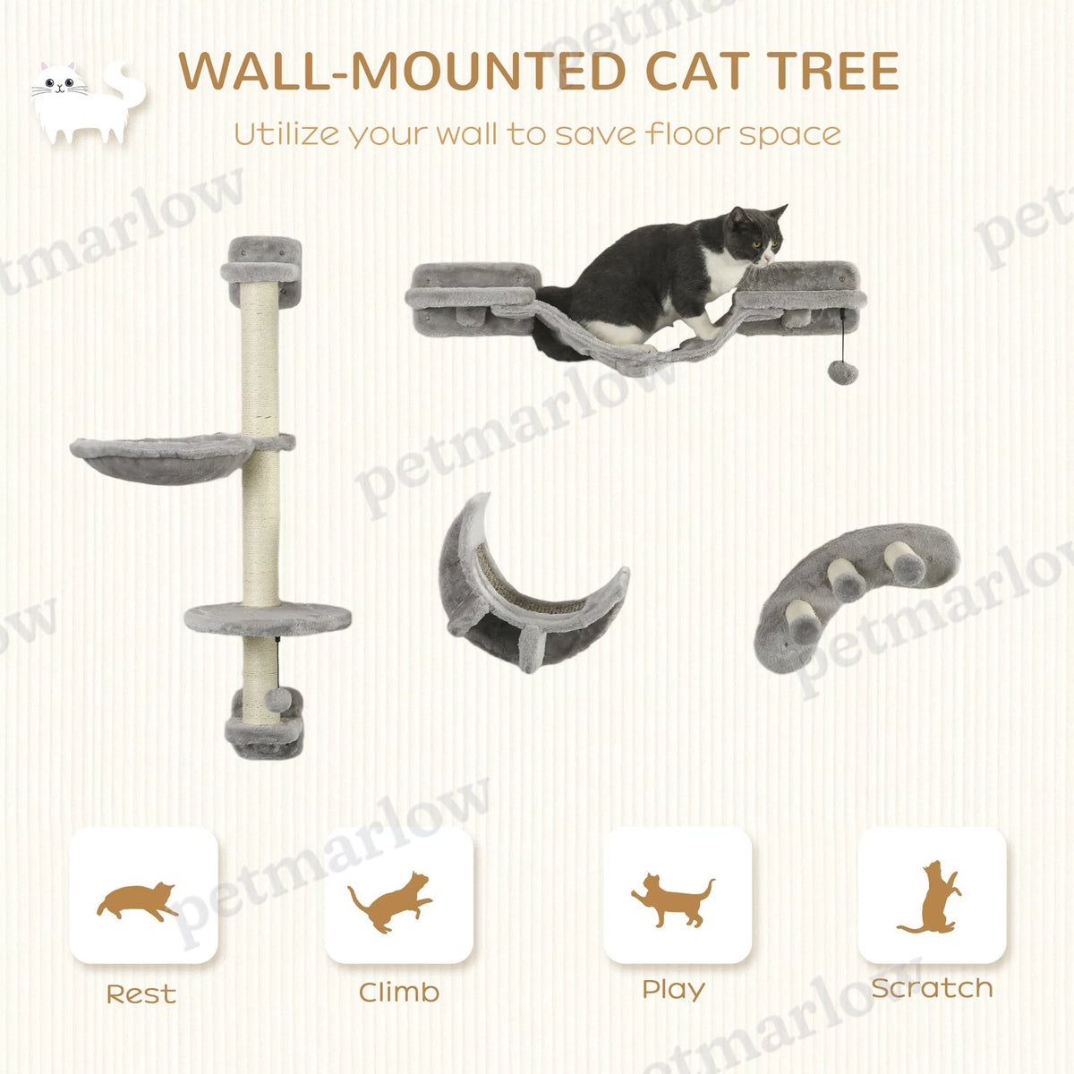Cat Wall Shelf with Scratching Post and Hammock – view 4