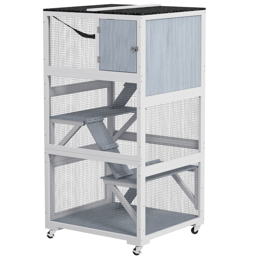 Catio, Outdoor Cat Enclosure House on Wheels with Hammock, Gray – Light Gray / 970x630x335 mm
