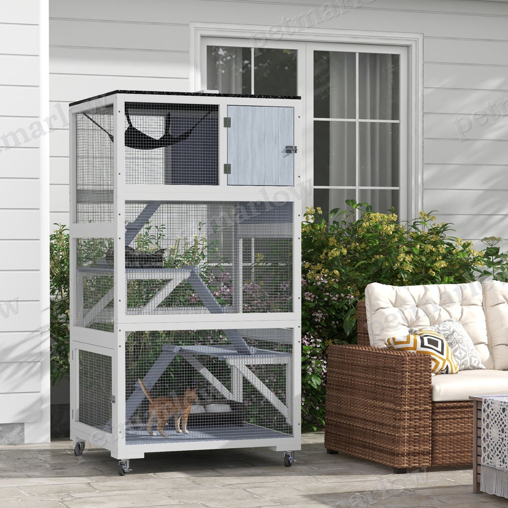Catio, Outdoor Cat Enclosure House on Wheels with Hammock, Gray – view 3