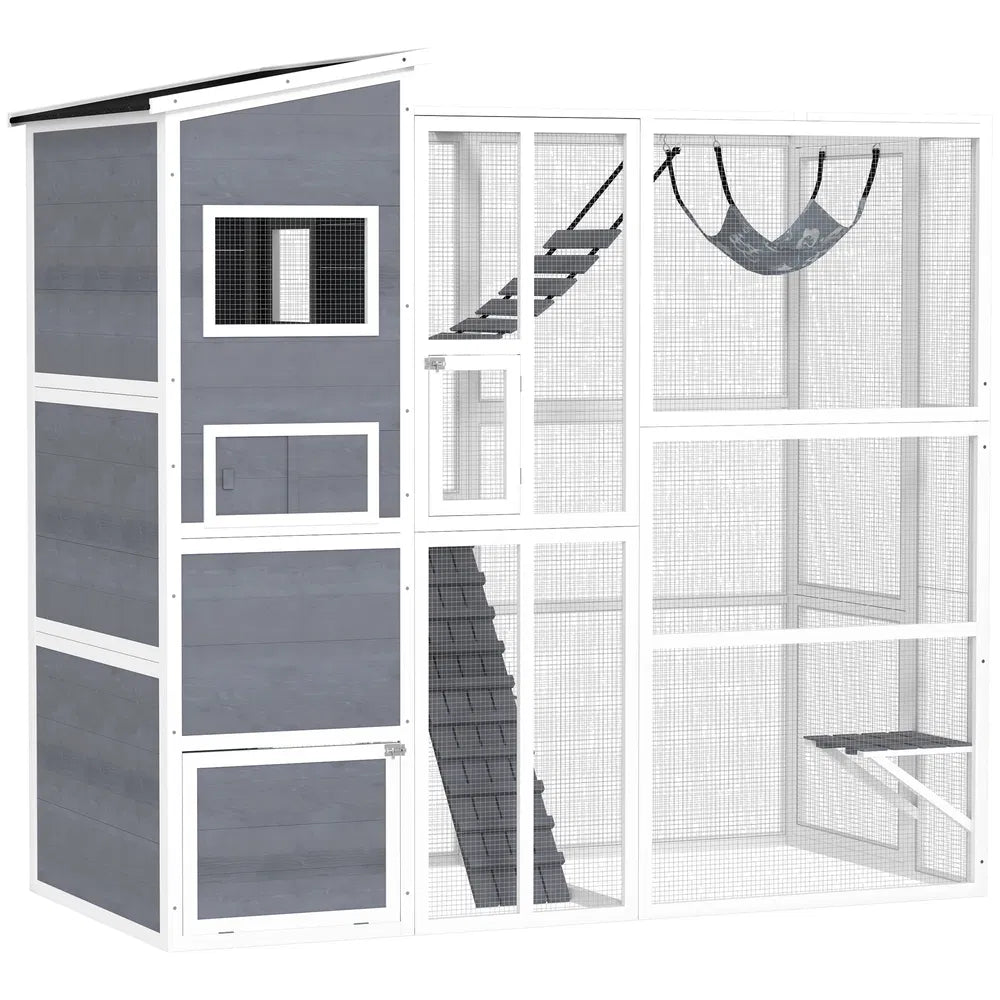 Catio Outdoor Cat Enclosure with Condo and Hammock for 2-3 Cats – Grey