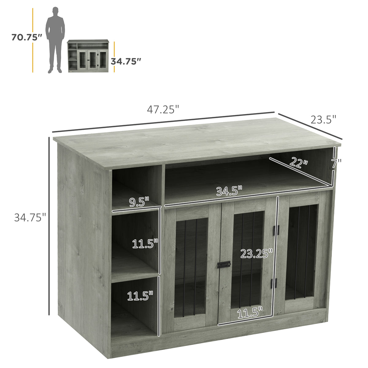 47" Dog Crate Furniture with Storage, for Large Medium Dogs, Gray – view 7