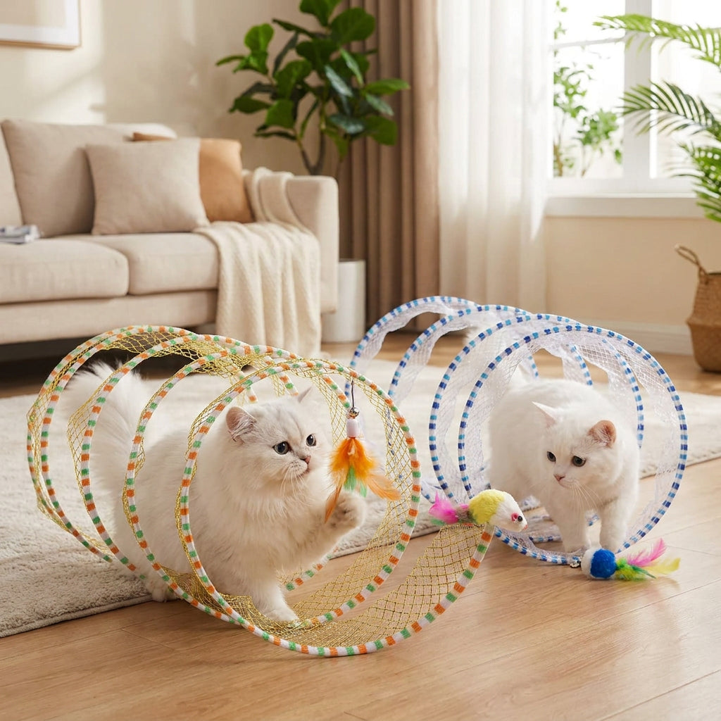 Collapsible Spiral Cat Play Tunnel with Feather Bells