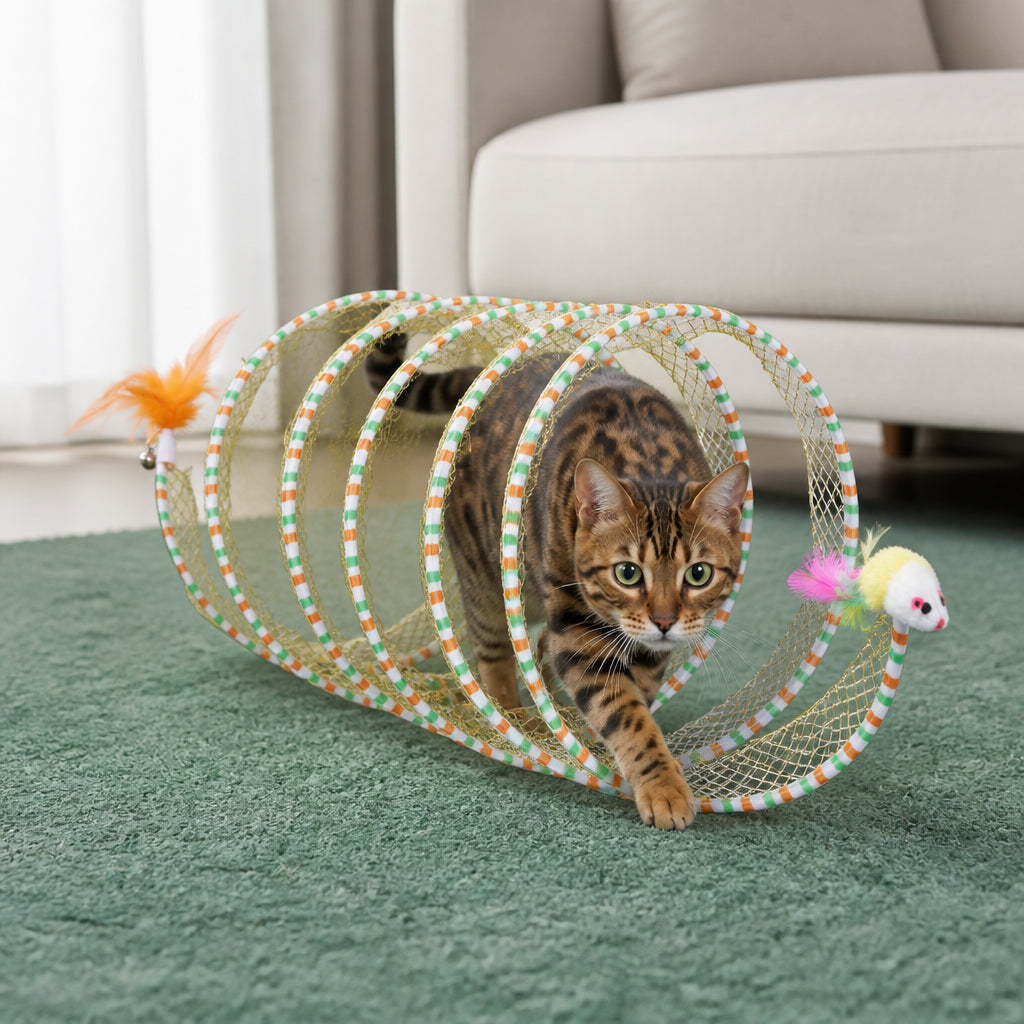 Collapsible Spiral Cat Play Tunnel with Feather Bells – Yellow