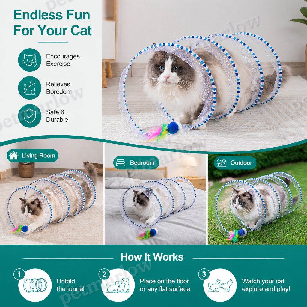 Collapsible Spiral Cat Play Tunnel with Feather Bells – view 3