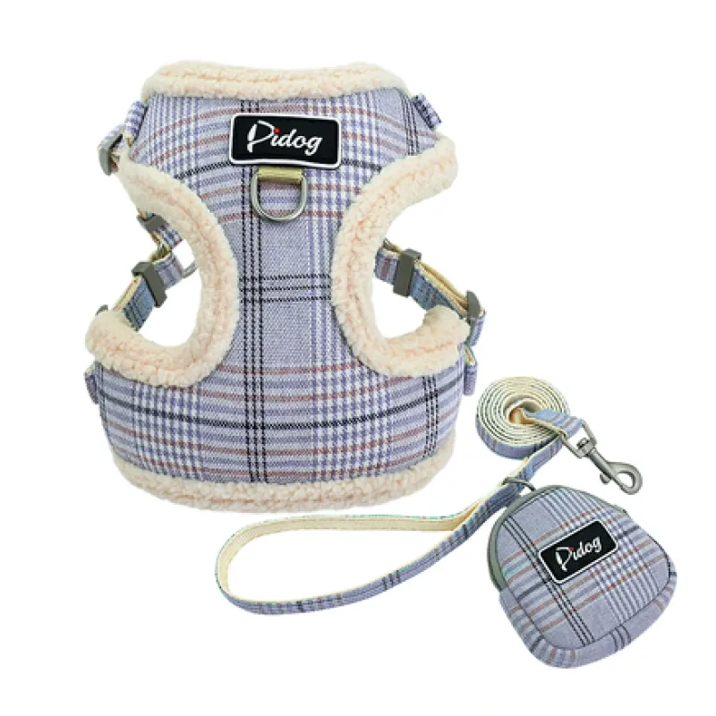 Comfortable Checkered Harness with Leash - With Practical Dog Bag for Walks – Blue / S