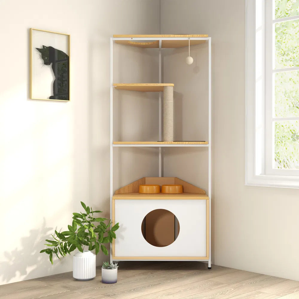 Corner Cat Tower with Scratching Post and Feeding Station – view 2