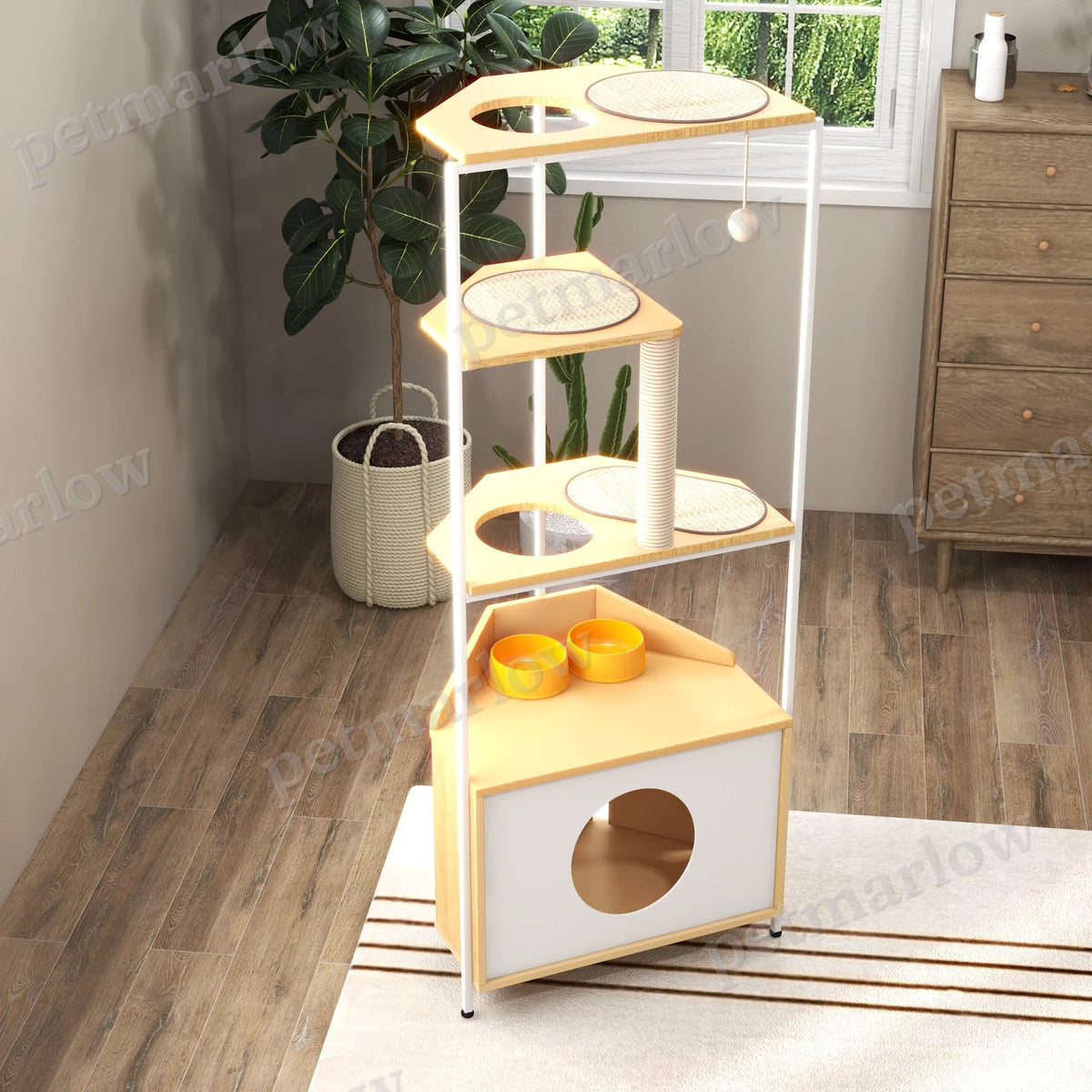 Corner Cat Tower with Scratching Post and Feeding Station – view 3