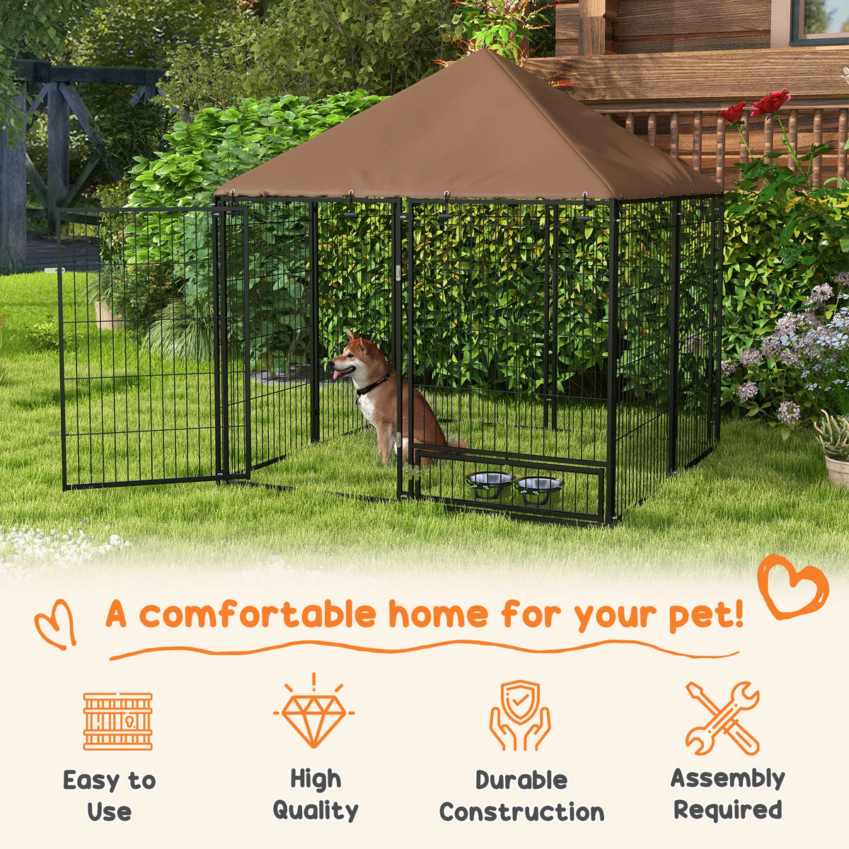 Outdoor Dog Kennel with Canopy and Rotating Bowls – view 7