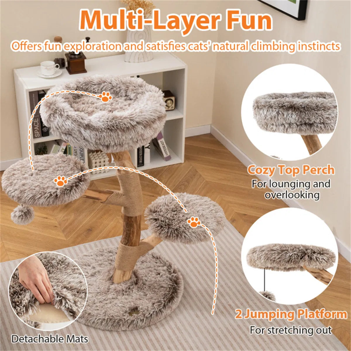 Natural Pear Wood Cat Tree with Plush Levels and Scratching Posts – view 8