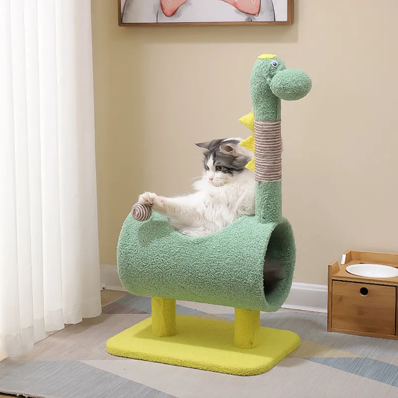 Dinosaur-Shaped Cat Tree with Scratching Post and Cave – Dinosaur Climbing Frame