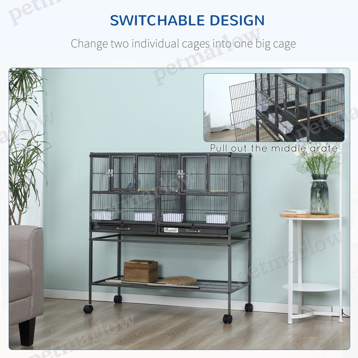 Divided Bird Cage with Rolling Stand and Removable Tray – view 4