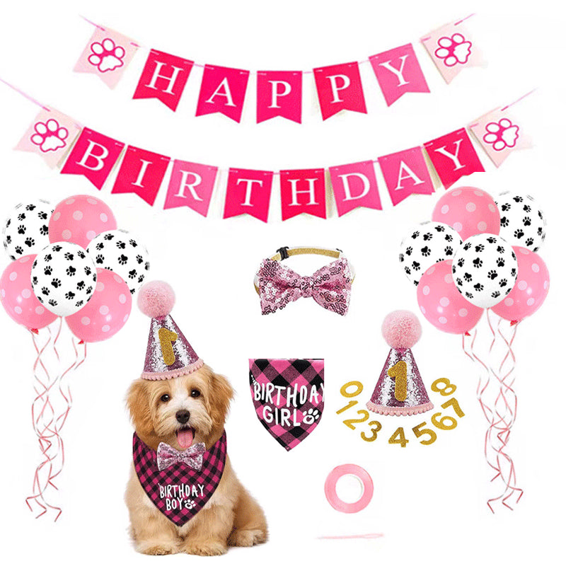 Dog Birthday Party Supplies Balloon Scarf Bow Tie Crown Hat Banner Pull Flag Pet Set – Pink