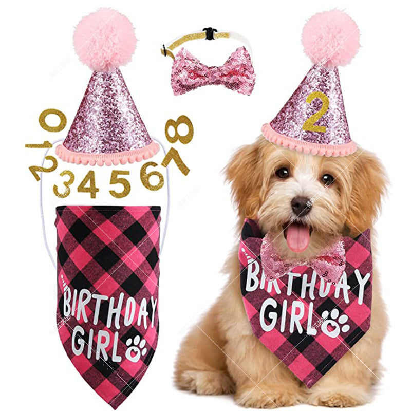 Dog Birthday Party Supplies Scarf Bow Tie Crown Hat With 0-9 Figures – Pink