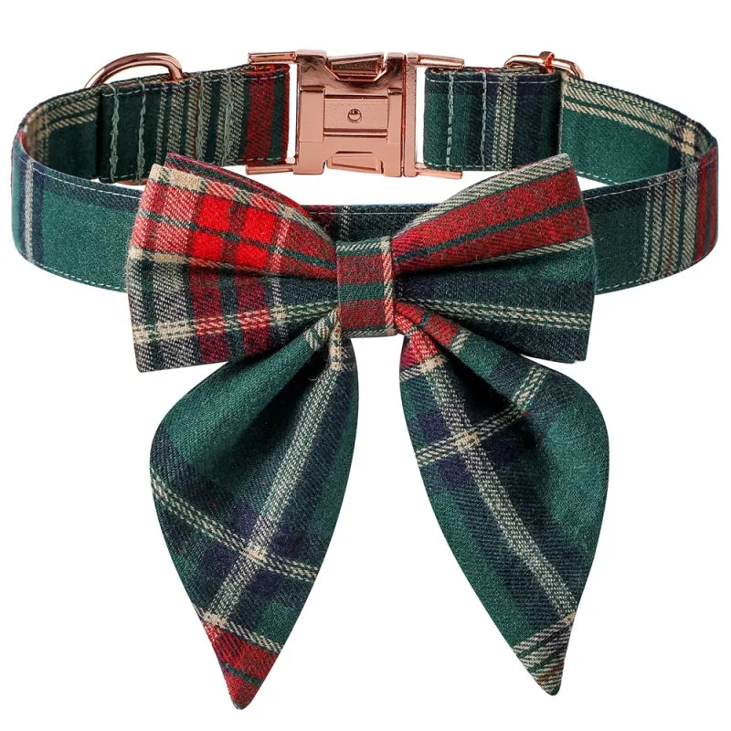 Dog Collar with Checkered Pattern and Bow for Christmas and Festive Occasions – Checkered Arrowtail Butter / S
