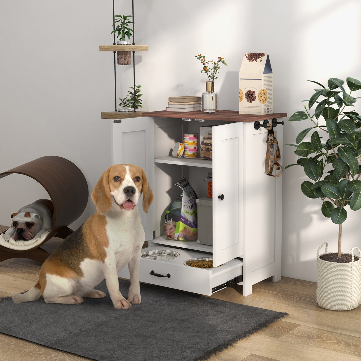 Dog Feeding Station with Storage Cabinet and Adjustable Bowls