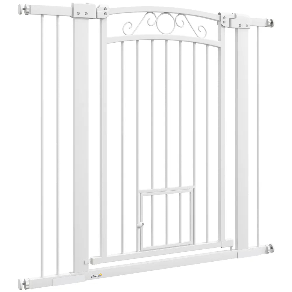 Walk Through Dog Gate with Small Pet Door – White
