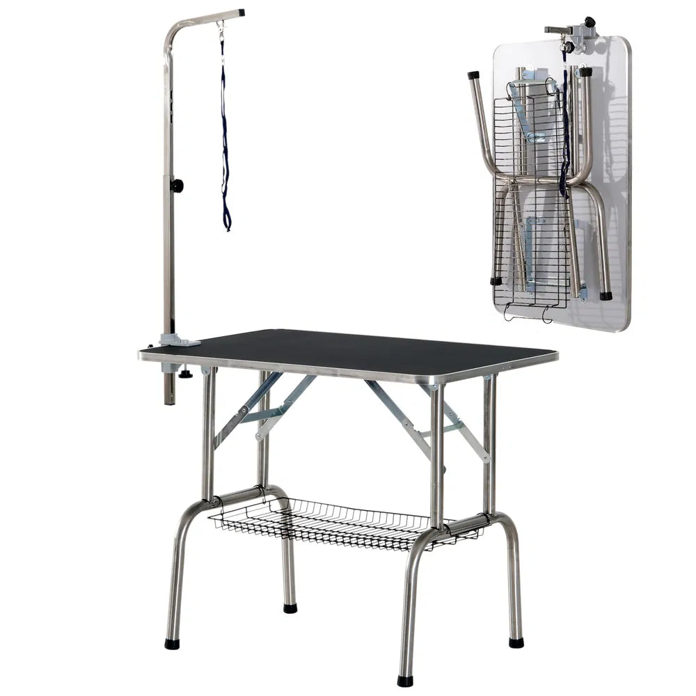 Dog Grooming Table with Adjustable Arm and Storage Shelf – Silver