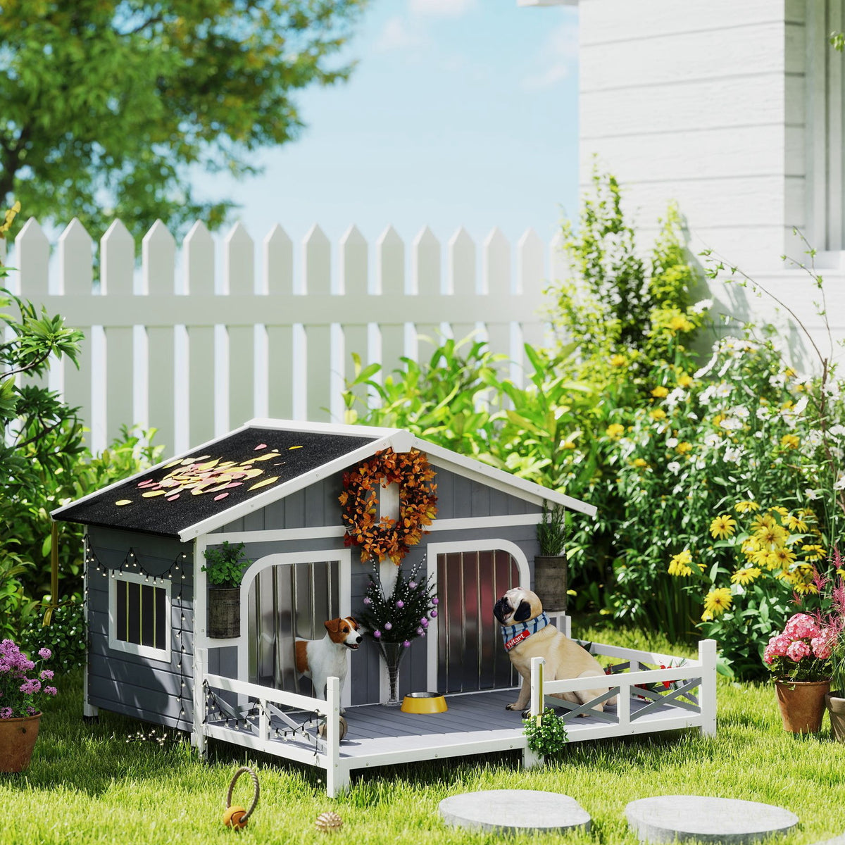 Wooden Dog House with Porch for Small to Medium Dogs