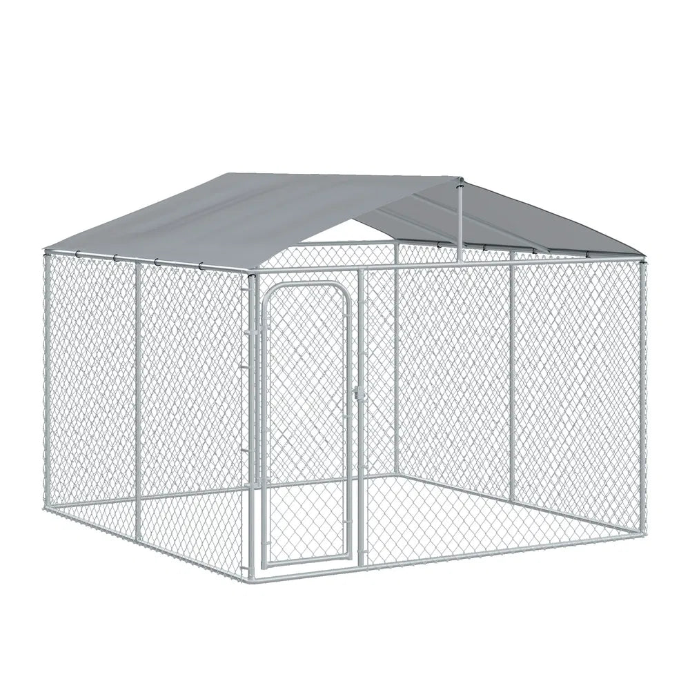 Dog Kennel Outdoor Run with Roof & Lockable Door – Silver