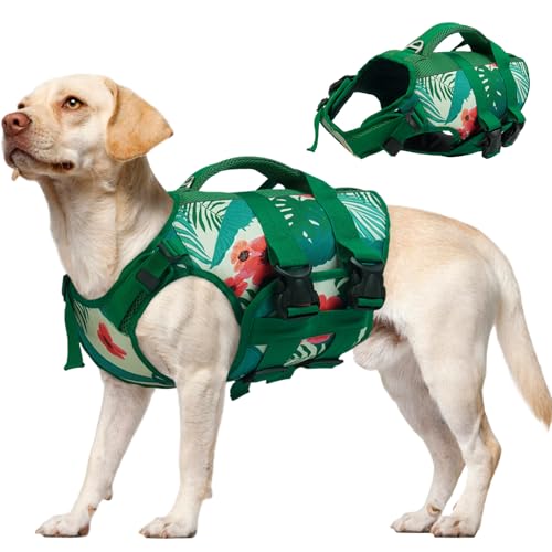 Dog Life Jacket High Flotation Dog Life Vest With Reflective & Rescue Handle For Swimming Boating – DeepGreen / XS