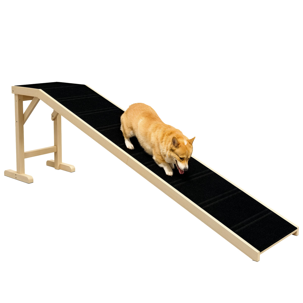 Dog Ramp for Bed with Non-Slip Carpet and Top Platform – Natural Wood / 880x520x185 mm