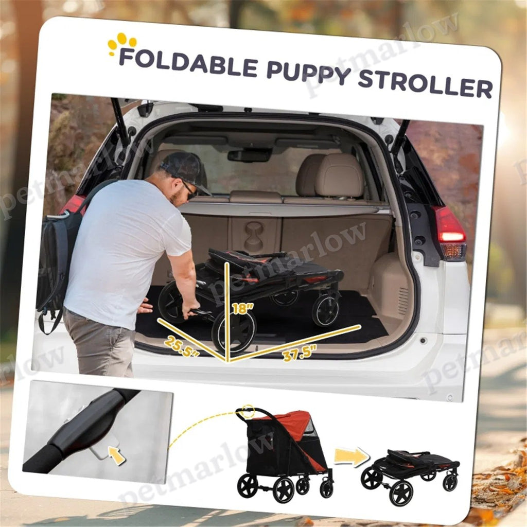 Dog Stroller with Safety Leashes and Storage Pockets