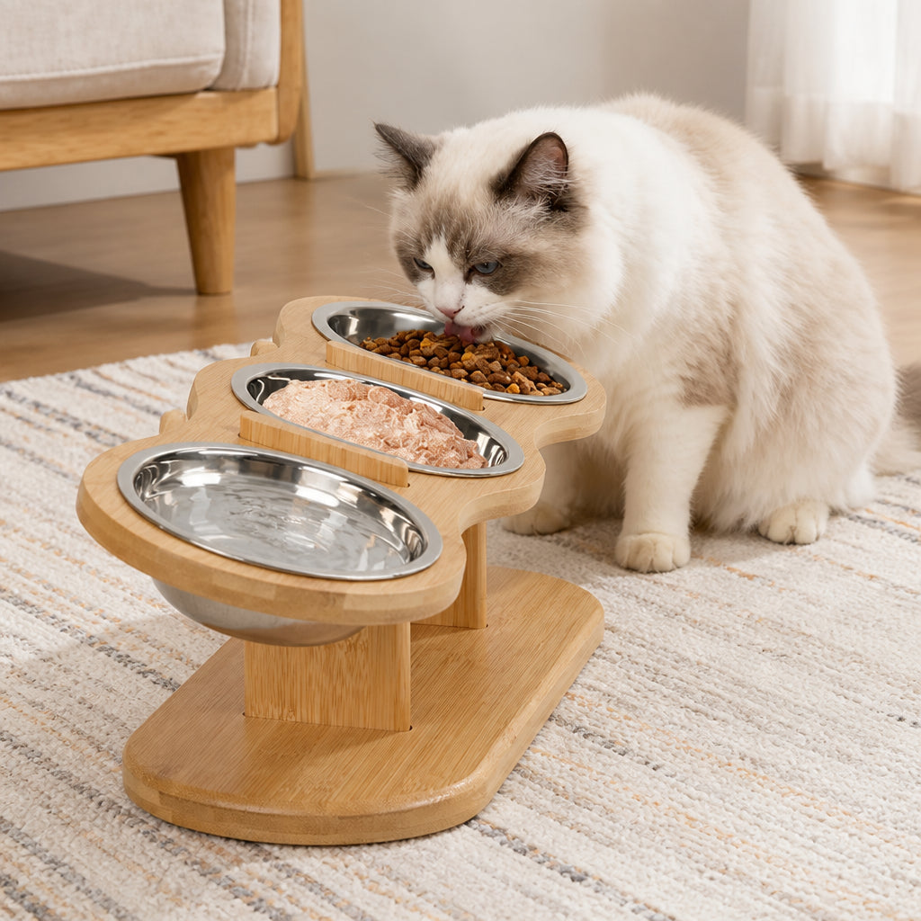 Petmarlow 15° Angled Wood Stand Cat Feeder (3 Stainless Steel Bowls)