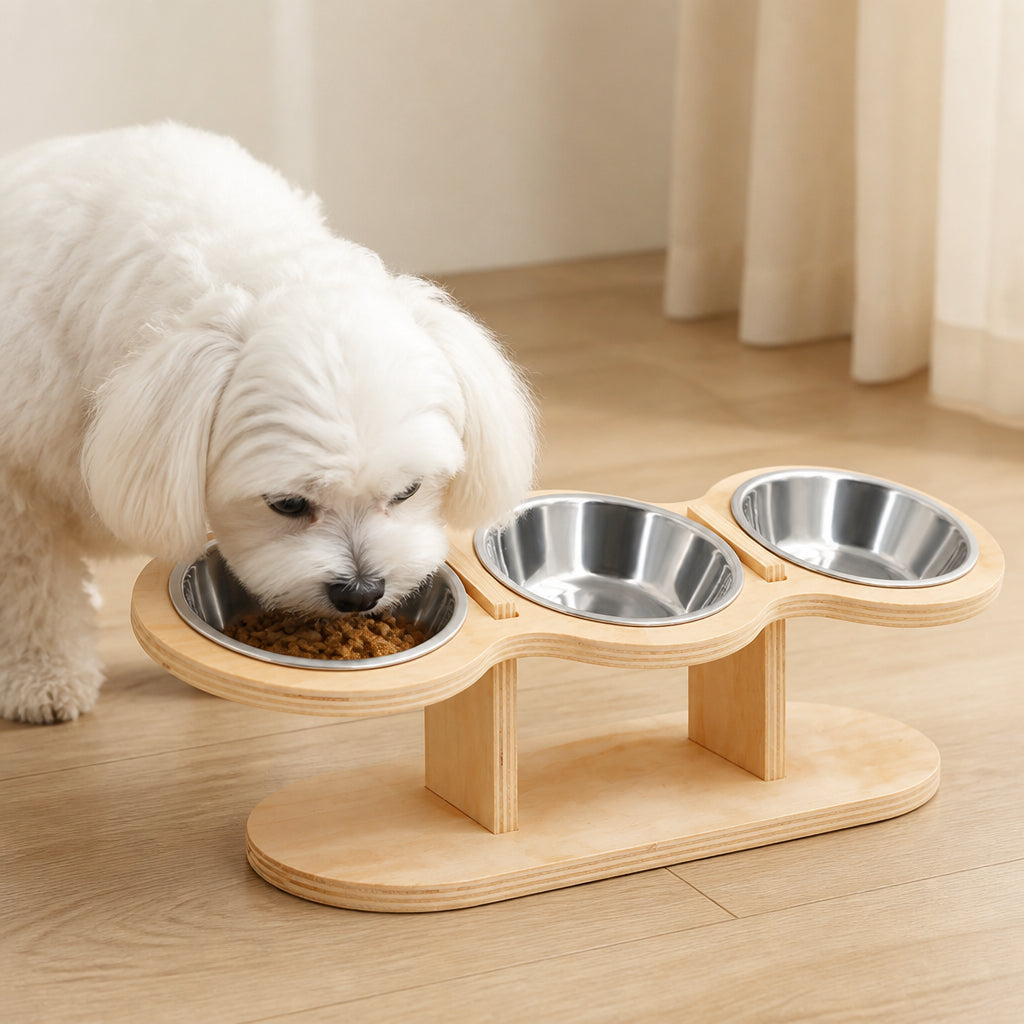 Petmarlow 15° Angled Wood Stand Cat Feeder (3 Stainless Steel Bowls) – 3 cat bowls
