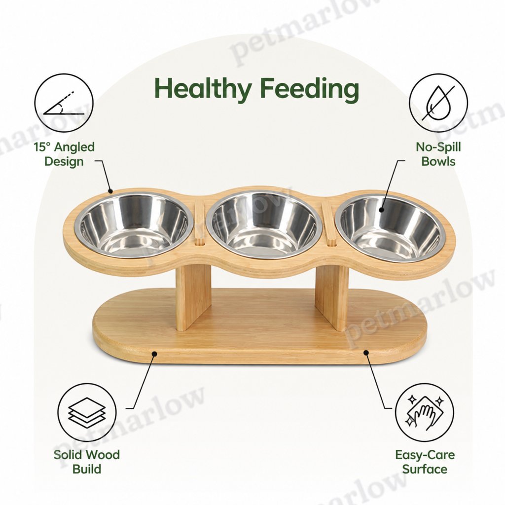 Petmarlow 15° Angled Wood Stand Cat Feeder (3 Stainless Steel Bowls) – view 3