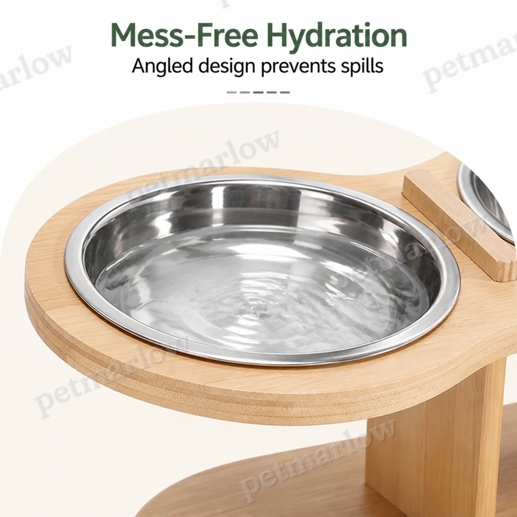 Petmarlow 15° Angled Wood Stand Cat Feeder (3 Stainless Steel Bowls) – view 4