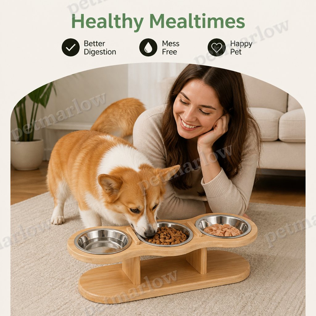Petmarlow 15° Angled Wood Stand Cat Feeder (3 Stainless Steel Bowls) – view 6