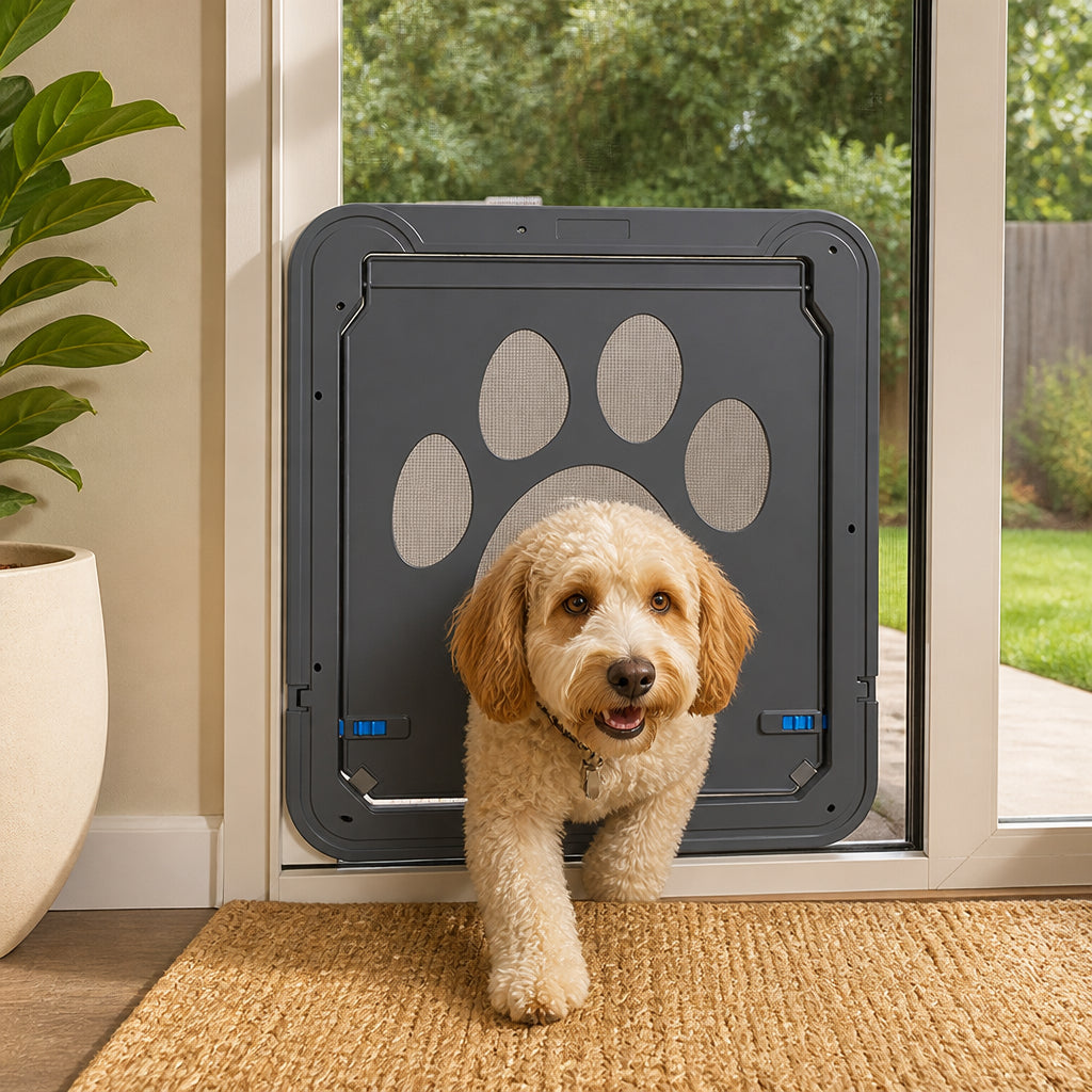 Petmarlow 4-Way Lockable & Insulated ABS Pet Door – black / 16.14 in (width) × 14.57 in (height).