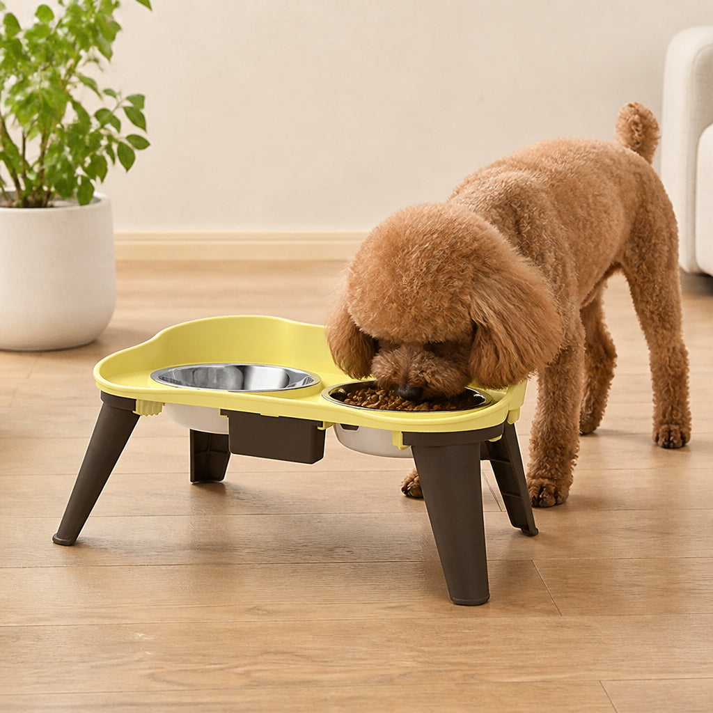 Petmarlow Adjustable Height & Non-Slip Elevated Pet Feeder (Stainless Steel Bowls) – Yellow-M