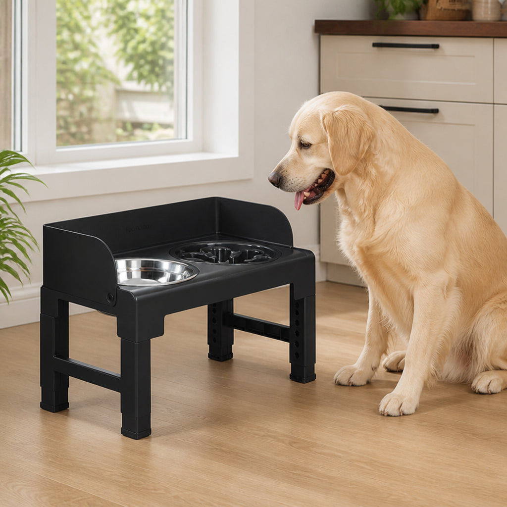 Petmarlow Adjustable & Tilting Raised Dog Feeder (Stainless Steel Bowls)