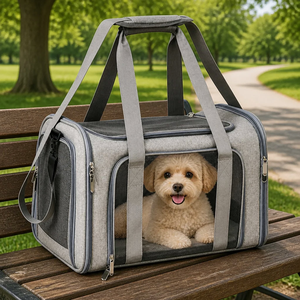 Petmarlow Airline-Approved Waterproof & Breathable Mesh Pet Carrier (Removable Fleece Pad) – GRAY / M - 17.3 in × 11.0 in × 11.0 in