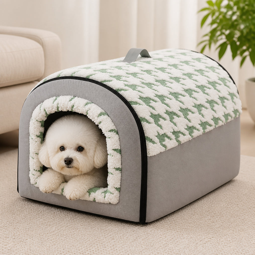 DogBedHouse All-Season Plush Enclosed Cat Bed (Removable & Washable Cover) – green / S (up to 2.5 kg)