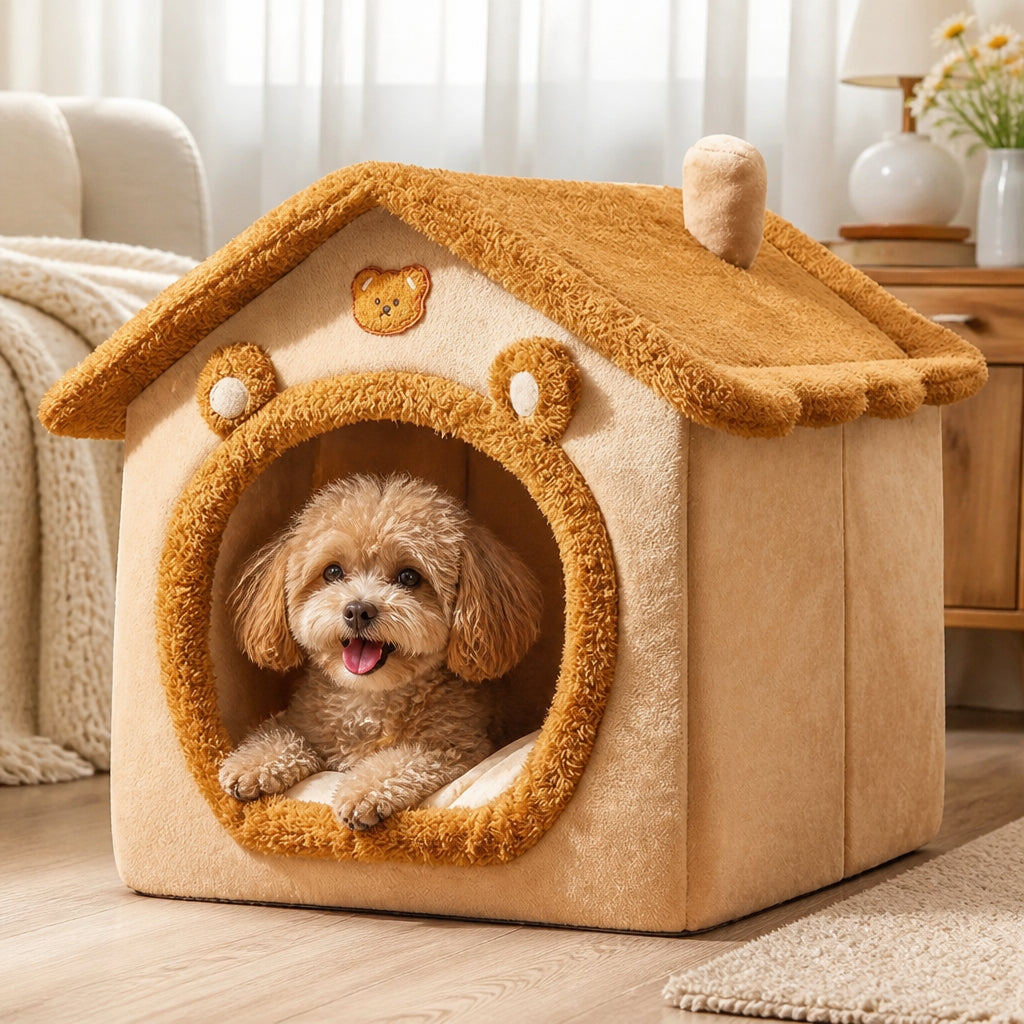 Petmarlow All-Season Plush Teddy Dog House Bed (Removable Washable Cover) – yellow / S