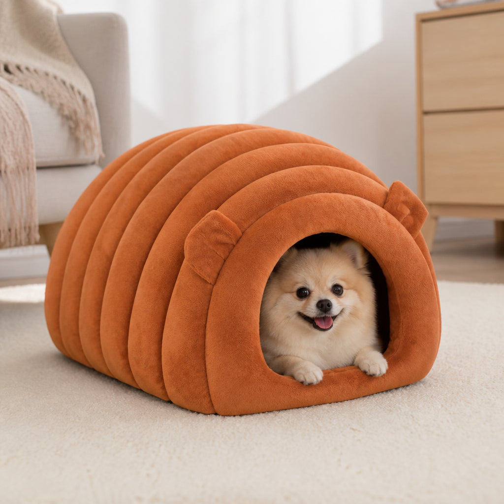 Petmarlow Arctic Cashmere Half-Enclosed Cat Bed (Removable Cushion) – Brown / S - 16.5 × 15.0 × 13.0 in