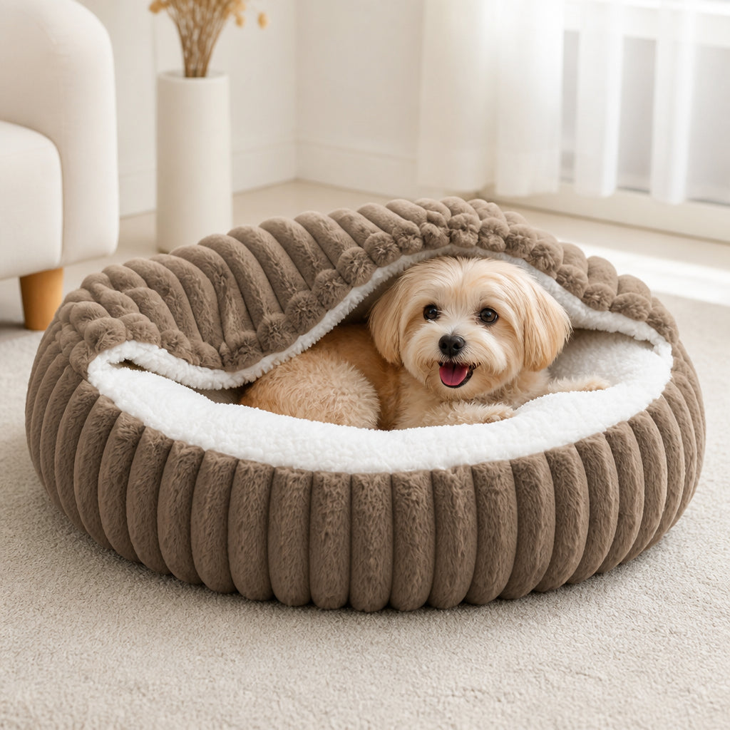 Petmarlow Calming Hooded & Non-Slip Pet Bed (For Cats & Small Dogs) – Brown / S - 19.7 in