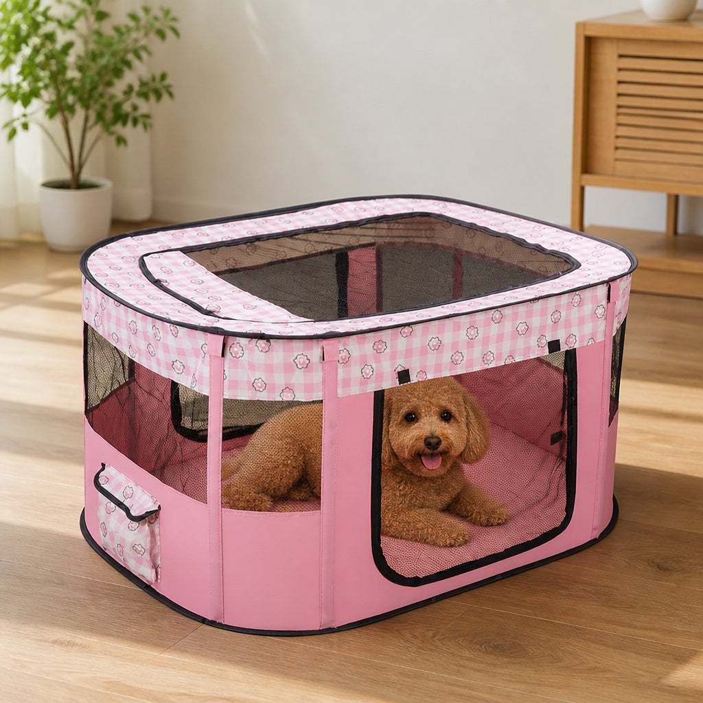 Petmarlow Collapsible & Space-Saving Steel-Wire Pet House – Pink 2 / M - 27.6 in × 21.7 in × 17.7 in