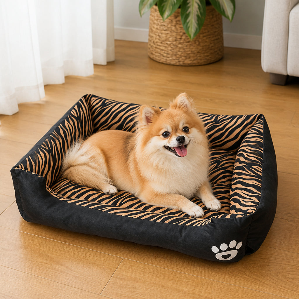 Petmarlow Cozy Plush & Washable Dog Bed – Tiger Stripes / S (17.7X11.8in)