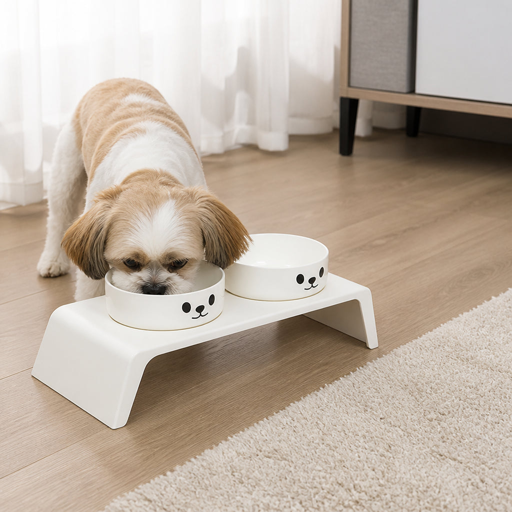 Petmarlow Elevated Stainless Steel Double-Bowl Pet Feeder (Small-Medium) – Cat Face-A