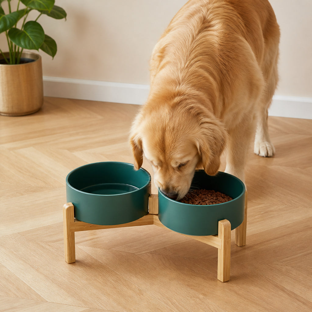 Petmarlow Elevated Wooden Stand & Double Ceramic Dog Bowl