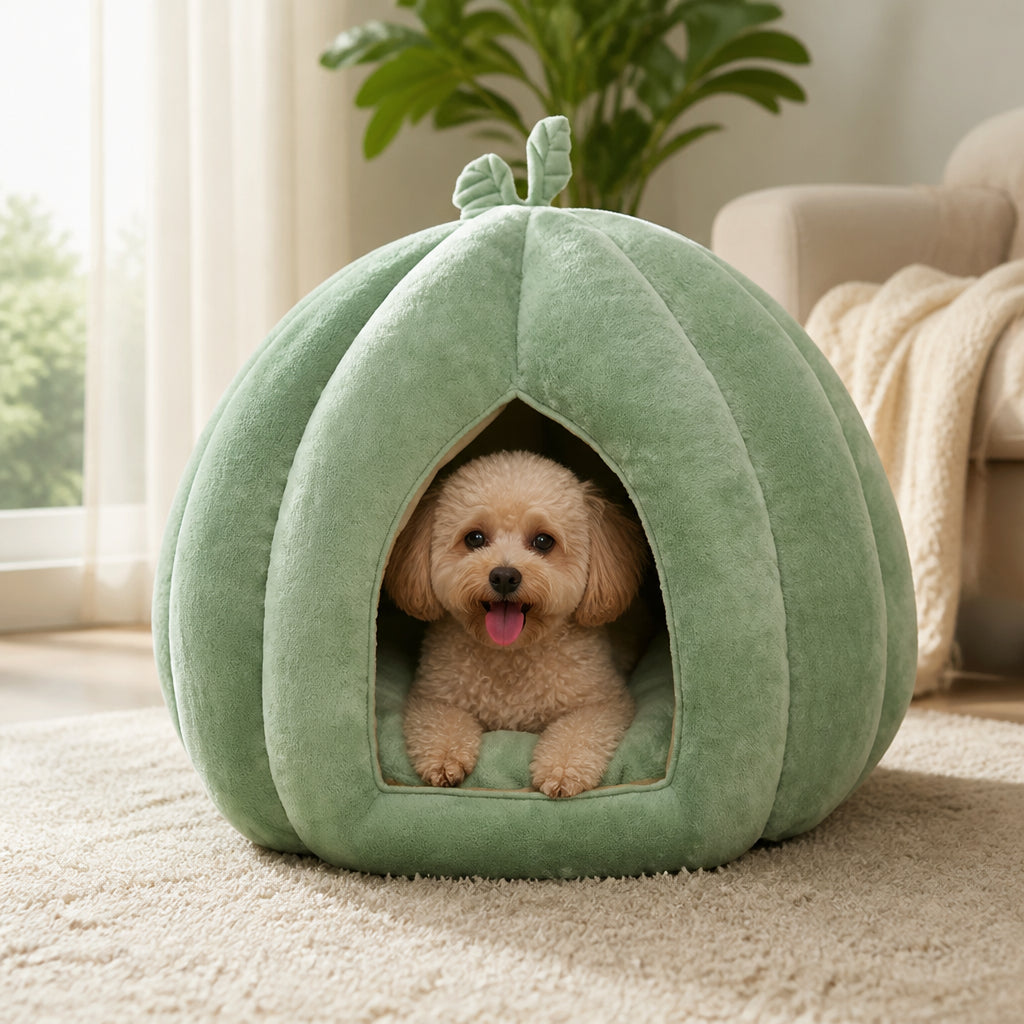 Petmarlow Enclosed Pumpkin & Thick Flannel Pet Bed – S - 13.8 × 13.8 × 11.8 in