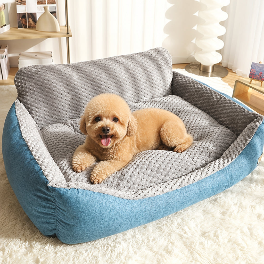 Petmarlow Extra-Thick Plush & High Backrest Dog Sofa Bed (Removable Cover) – Grey Blue / S