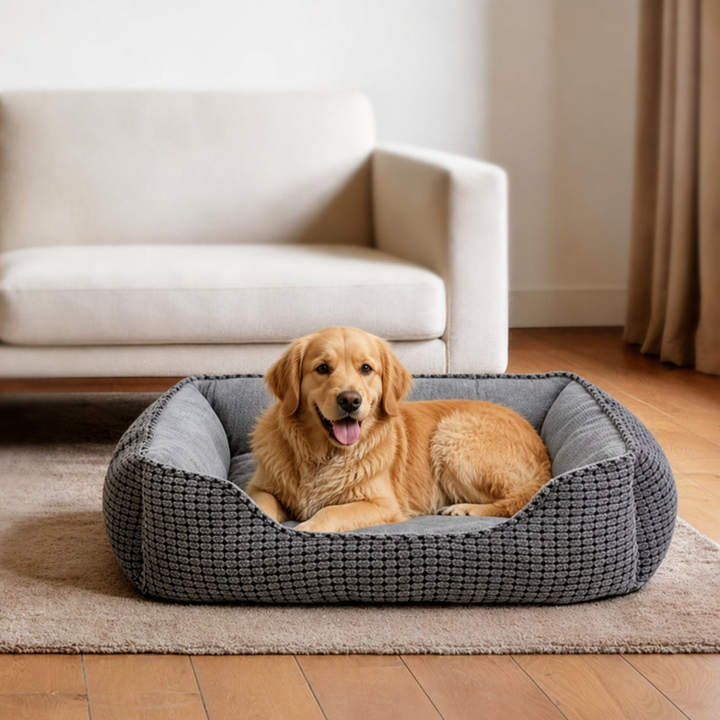 DogBedHouse Flannel & Machine Washable Non-Slip Dog Bed – Premium Gray + Artificial Jade Rice Grain Texture / M