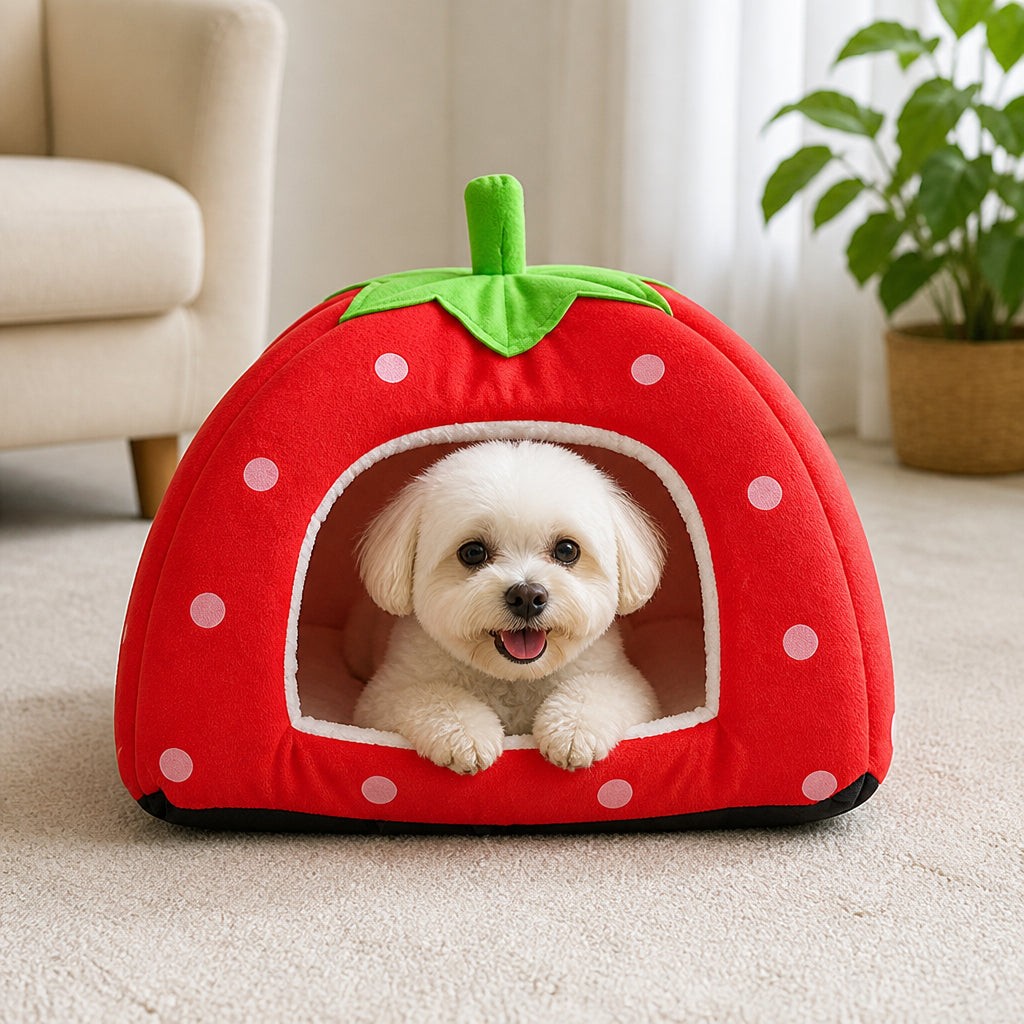 Petmarlow Foldable Plush Pet Tent (Strawberry Shape) – Red / S