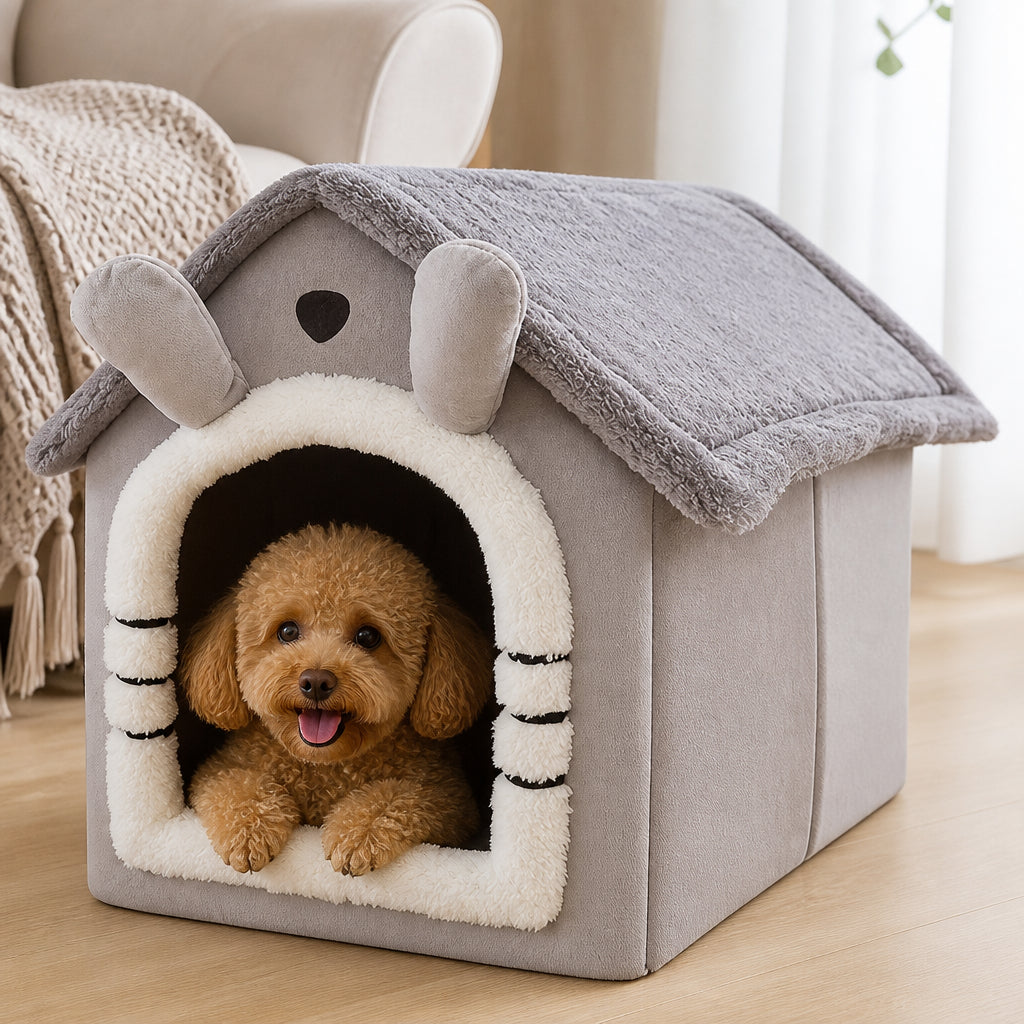 Petmarlow Foldable Plush Velvet & Washable Pet House (Removable Cushion) – Grey / S