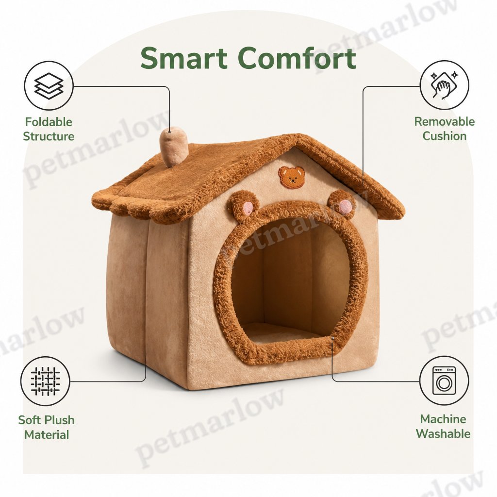 Petmarlow Foldable Plush Velvet & Washable Pet House (Removable Cushion) – view 4